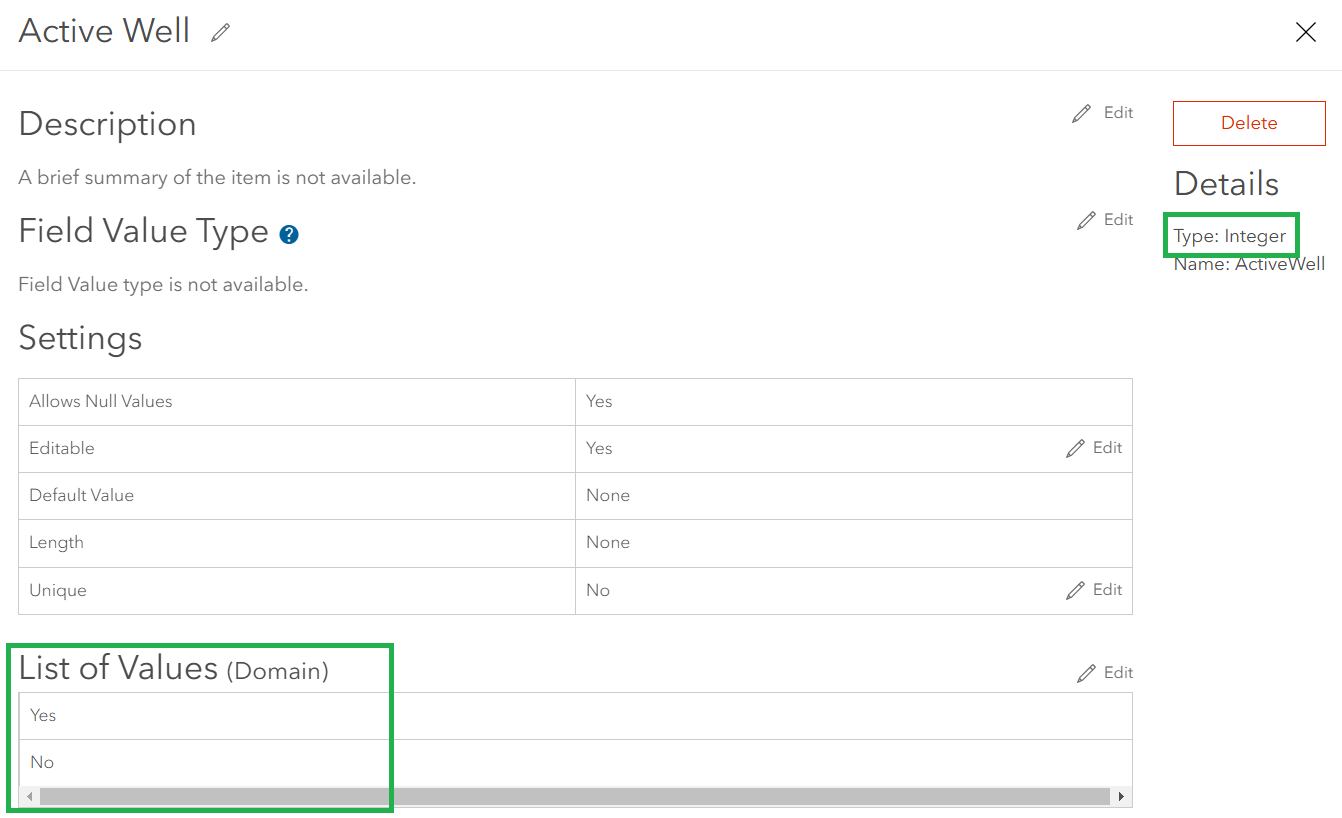 Screenshot of integer field with domain storing boolean attributes -- good!