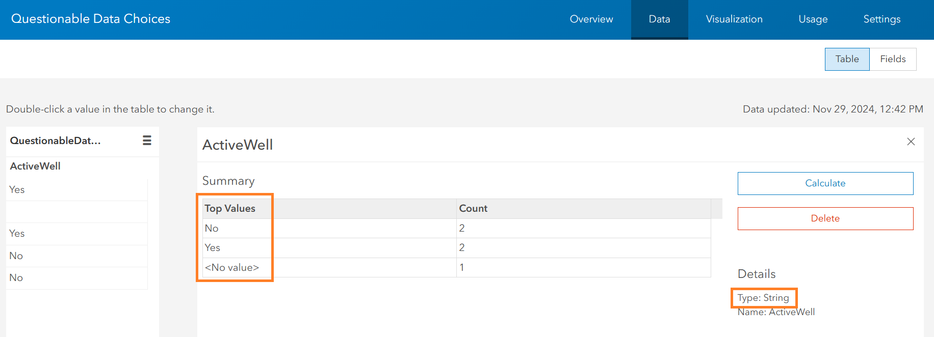 Screenshot of string field storing boolean attributes -- bad!